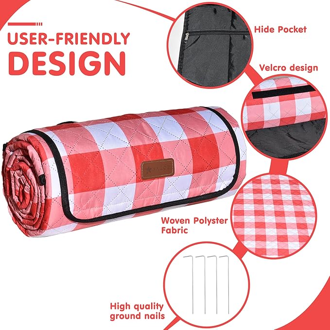 HX&OD Outdoor Picnic Blanket, Extra Large, 80''x80'' Waterproof Foldable Blankets Gingham Picnic Mat for Beach, Camping Grass Lawn Park Accessories Cute Couple Ideas Wedding (Red, 80”x80”)-BubblyBeeBaby
