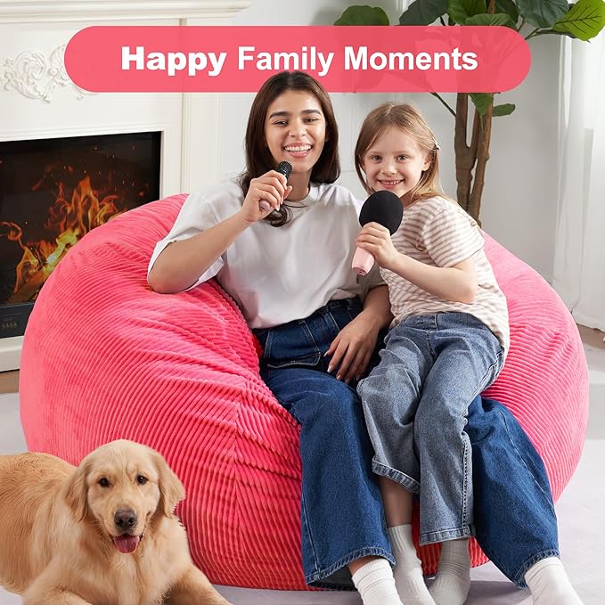 Homguava 3.5FT Bean Bag Chair: Teardrop Bean Bags with Memory Foam Filled, Compact Beanbag Chairs Soft Sofa with Corduroy Cover (Pink)-BubblyBeeBaby