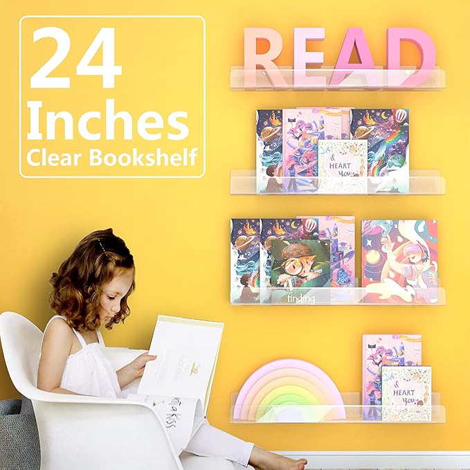 24 inches Wall Mounted Kids Bookshelf, Clear Acrylic Display Book Shelves for Kids Room Nursery Toddler Classroom 2 Packs-BubblyBeeBaby