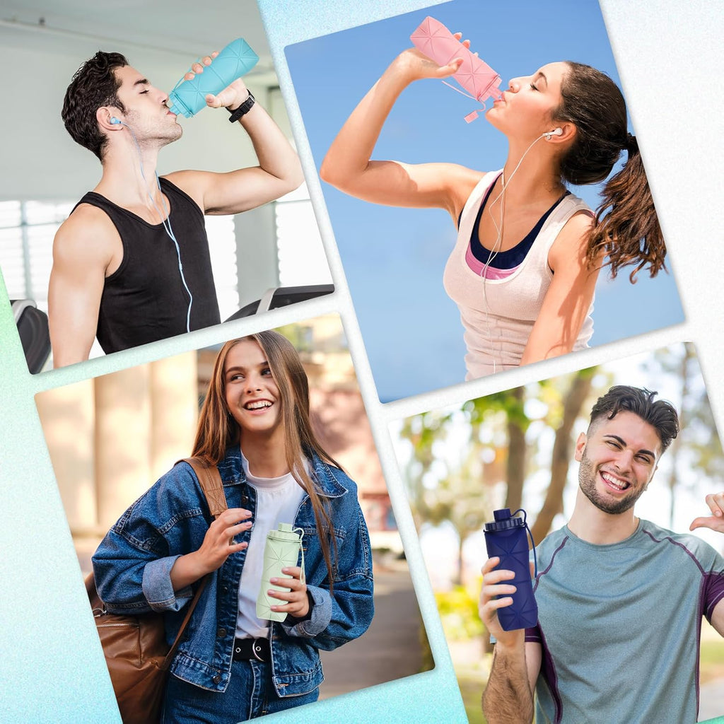 YCT Collapsible Silicone Travel Water Bottle 20oz (600ml), Reuseable Leakproof BPA Free Foldable Sports Bottle, with Carrying Strap, Dark Gray + Purple