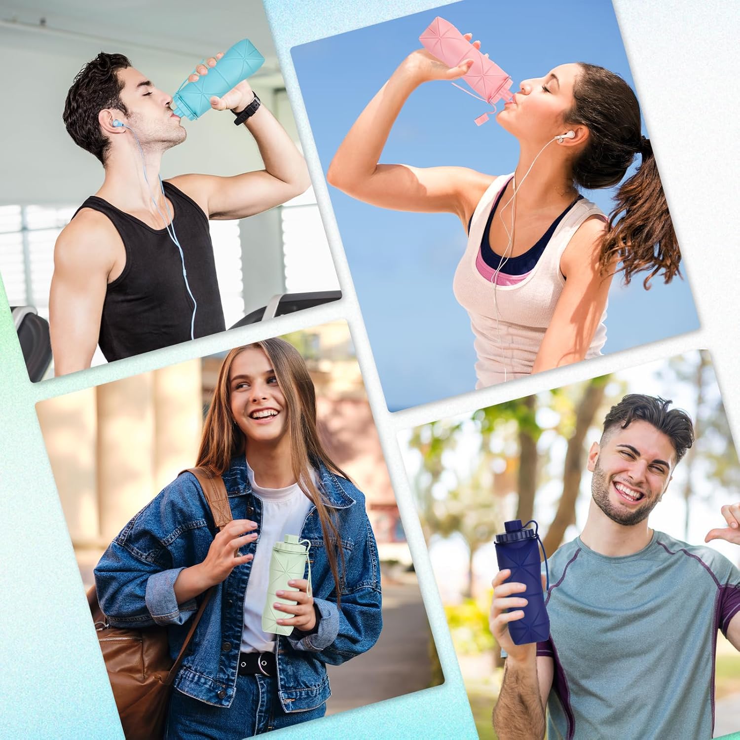 YCT Collapsible Silicone Travel Water Bottle 20oz (600ml), Reuseable Leakproof BPA Free Foldable Sports Bottle, with Carrying Strap, Light Gray + Purple