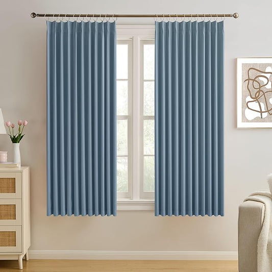 KEQIAOSUOCAI Pinch Pleated Blackout Curtain Drapes for Window 63" L - Triple Weave Energy Saving Thermal Room Divider Blackout Panels for Patio (72" Wide per Panel, 2 Panels, Dusty Blue)-BubblyBeeBaby