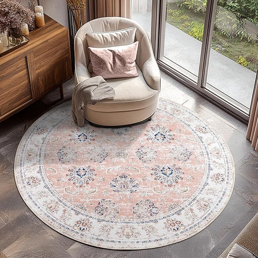 jinchan Round Rug 4ft Area Rugs Vintage Floral Distressed Design - Machine Washable Non-Slip Low-Pile Ultra-Thin Circle Rug for Entryway Bedside Living Room Dining Room Bedroom (4' Round,Pink)-BubblyBeeBaby