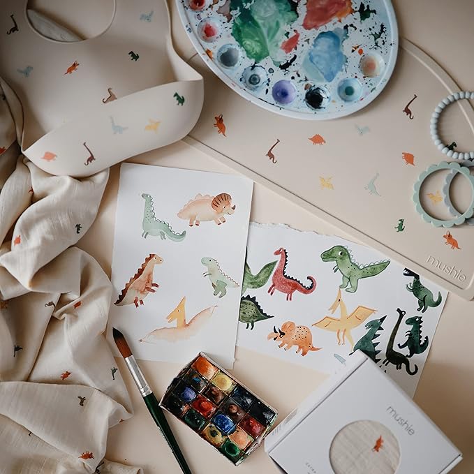 mushie Silicone Baby Bib | Adjustable Fit Waterproof Bibs (Dinosaurs)-BubblyBeeBaby