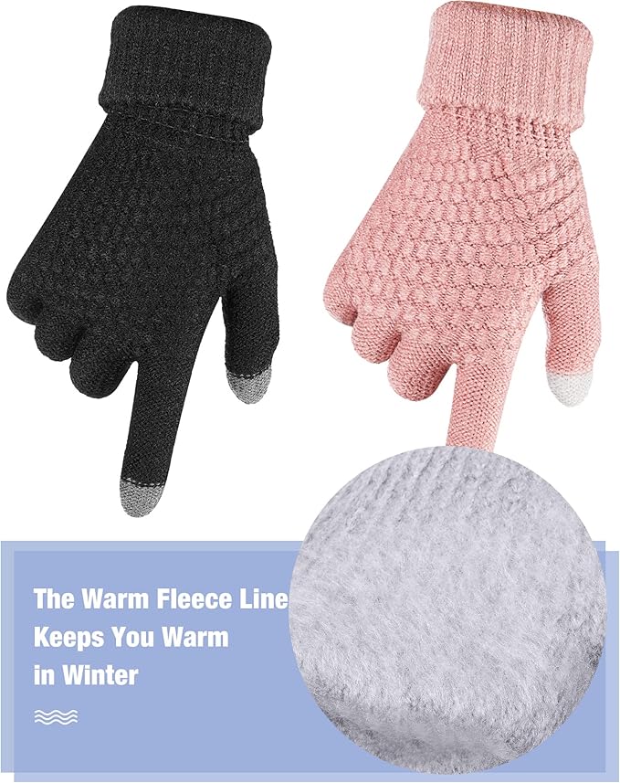 Geyoga 2 Pairs Women's Winter Touch Screen Gloves Soft Warm Fleece Lined Knit Elastic Cuff Winter Texting Gloves-BubblyBeeBaby