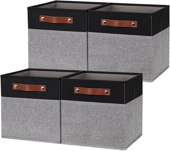 HNZIGE Fabric Cube Storage Baskets 11x11, Set of 4, Foldable Baskets with Handlesfor Organizer Closet(Black Gray)-BubblyBeeBaby