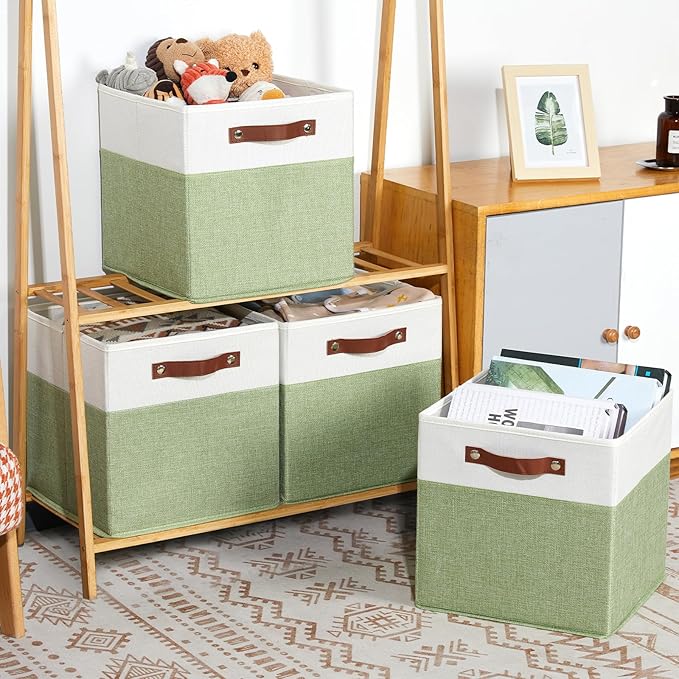 HNZIGE Fabric Cube Storage Bins 13x13 Set of 4 Canvas Storage Baskets for Shelves Collapsible Storage Bins for Organizing Clothes Closet Toy Nursery Cubby(Green&White)-BubblyBeeBaby