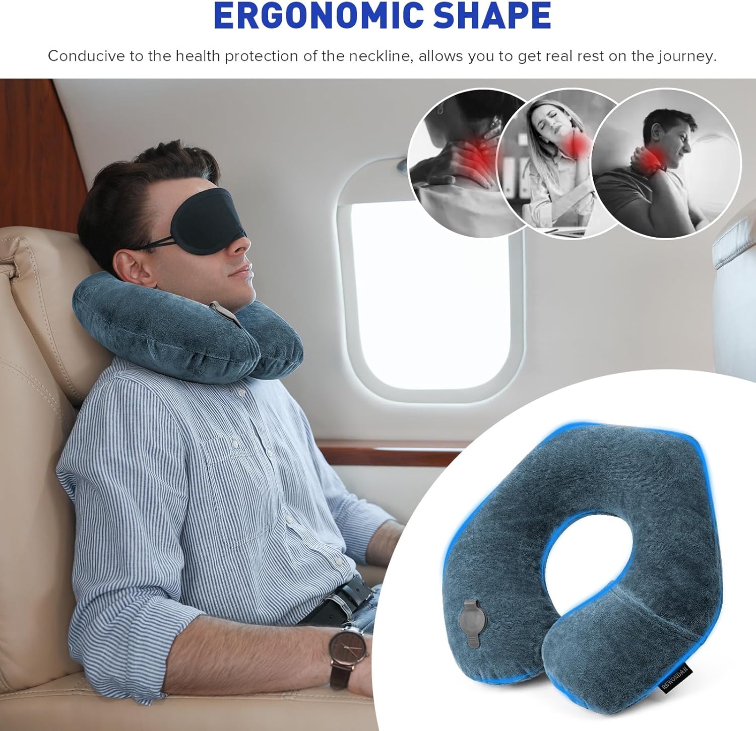 Rewondah Neck Pillows for Travel, Inflatable Travel Pillow, Inflatable Neck Pillow for Traveling Airplane with Soft Velour Washable Cover, U Shape Blow Up Neck Pillow for Airplanes Train Car Travel