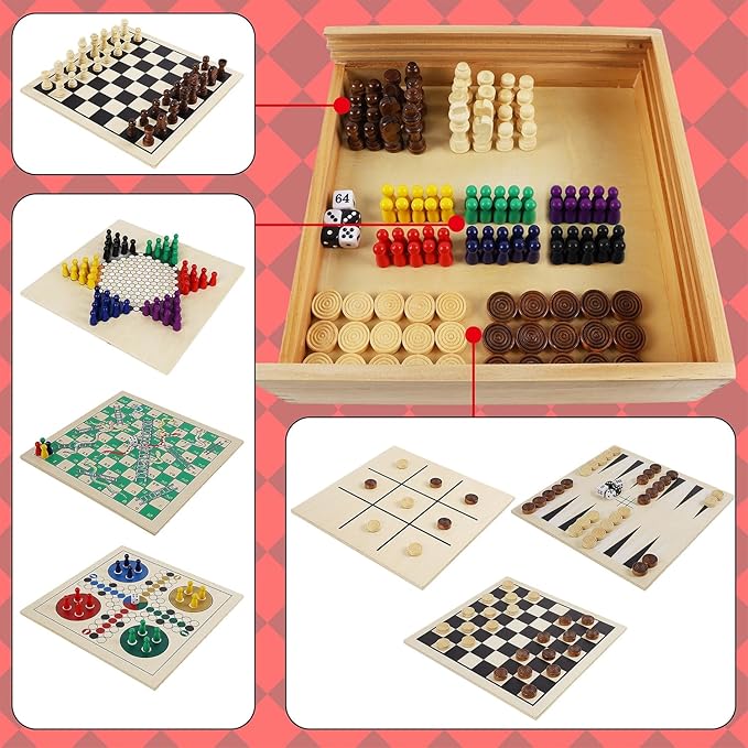 Juegoal 7-in-1 Wooden Board Game Set for Kids Adults, Tabletop Combo Classic Travel Portable Board Games (Chess, Checkers, Chinese Checkers, Backgammon, Parcheesi, Snakes and Ladders, Tic Tac Toe)-BubblyBeeBaby
