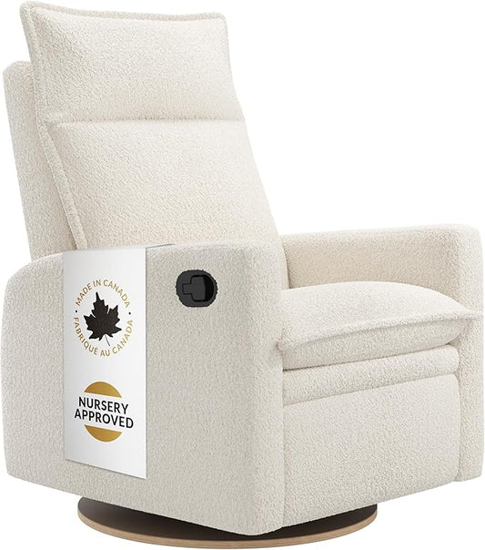 Jaymar Arya Modern Nursery Glider Recliner Chair – Cozy Nursing Chair with 360° Swivel for New Parents, Gentle Motion, Compact Design, High Back & Low Armrests, Canadian Made (Pearl/Puppy Fabric)-BubblyBeeBaby