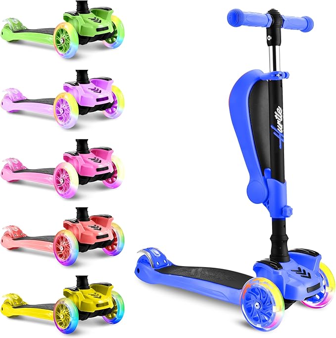 Hurtle 3-Wheeled Scooter for Kids - Wheel LED Lights, Adjustable Lean-to-Steer Handlebar, and Foldable Seat - Sit or Stand Ride with Brake for Boys and Girls Ages 1-14 Years Old-BubblyBeeBaby