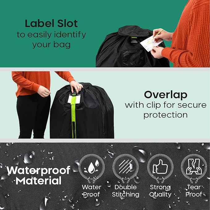 reperkid Large Stroller Bag for Airplane Travel, Black & Green, 47" H x 24" W x 15" D, Fits Most Large, Single, Double, Jogging Strollers – Premium Waterproof Cover, Adjustable Shoulder Straps-BubblyBeeBaby