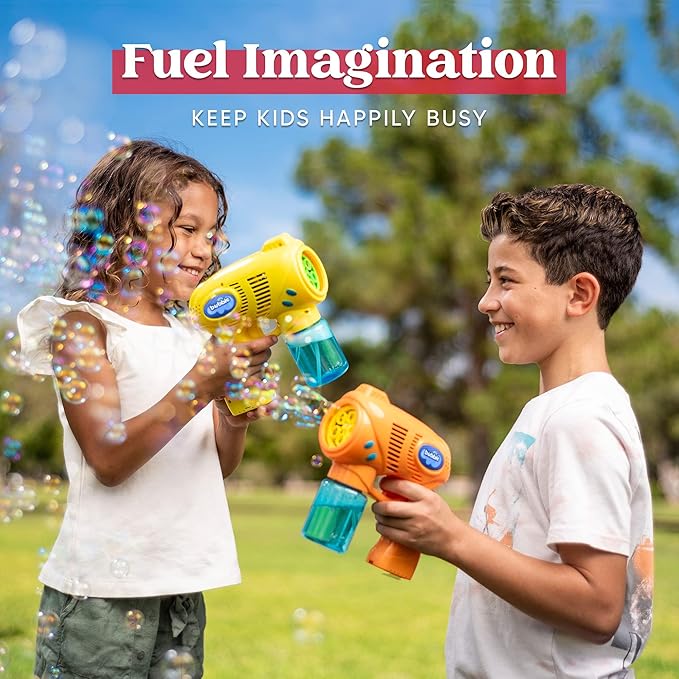 JOYIN 2 Bubble Guns with 2 Refill Solution (10 oz Total), Bubbles Maker, Blower for Kids, Toddlers, Outdoors Activity, Birthday Gift, Easter Basket Stuffers (Yellow+Orange)-BubblyBeeBaby