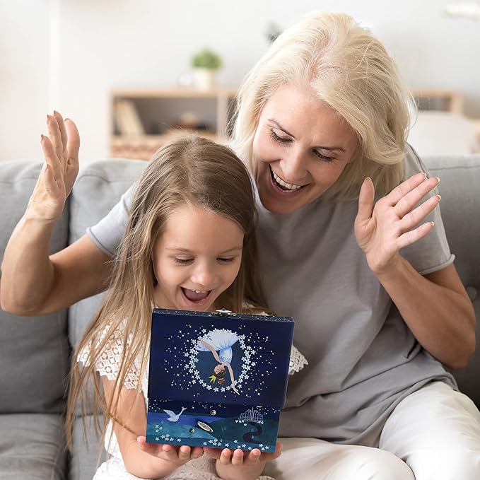 Jewelkeeper Girl's Ballerina Musical Jewelry Storage Box with Pullout Drawer, Glitter Design, Swan Lake Tune Blue-BubblyBeeBaby