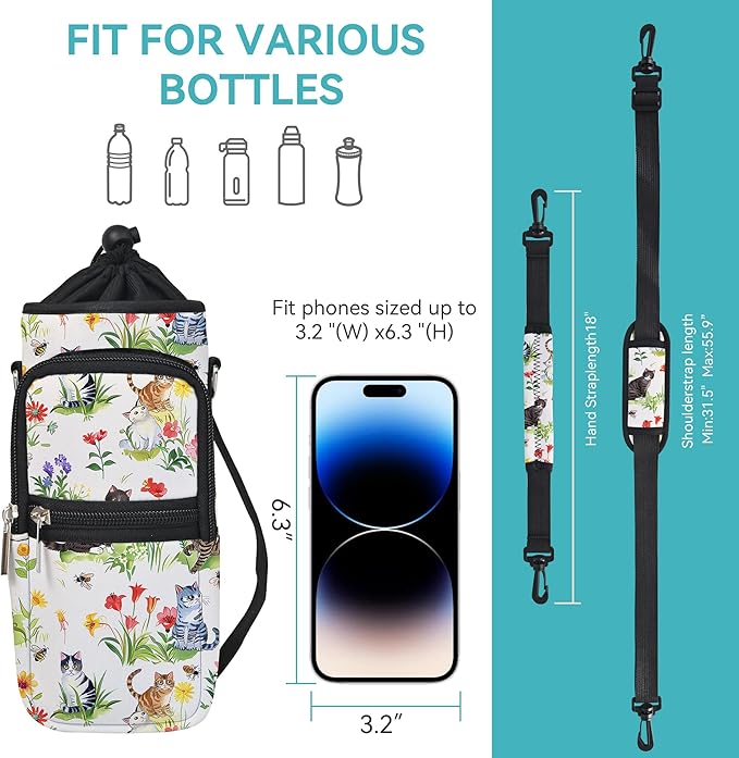25/32/40/64oz Water Bottle Bag Holder Carrier-Insulated Crossbody Sling Case Sleeve with Strap & Pockets for Men Women Gym Cycling Travel Walking Hiking Camping-BubblyBeeBaby