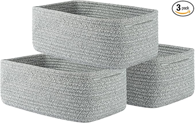 KALLAX Small Woven Basket, 13.5 x 9.5 x 5 Inches, Storage Basket for Organizing, Cute Small Rope Shelf Closet Cube Storage Bins Baskets for Shelves, Dog Toy Gift Baskets Empty, 3 Packs, Mixed Grey-BubblyBeeBaby
