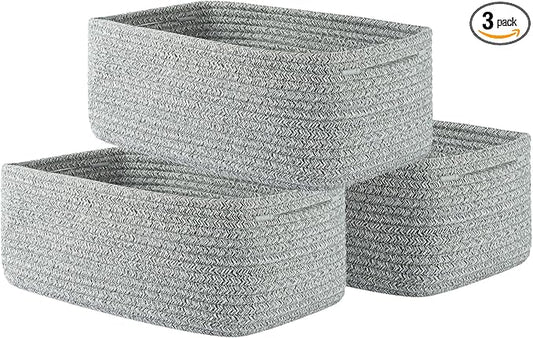 KALLAX Small Woven Basket, 13.5 x 9.5 x 5 Inches, Storage Basket for Organizing, Cute Small Rope Shelf Closet Cube Storage Bins Baskets for Shelves, Dog Toy Gift Baskets Empty, 3 Packs, Mixed Grey-BubblyBeeBaby