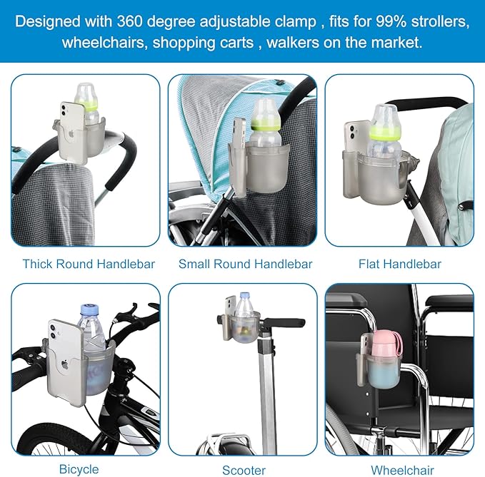 Accmor Stroller Cup Holder with Phone Holder, Bike Cup Holder, Universal Cup Holder for Uppababy Nuna Doona Strollers, 2-in-1 Cup Phone Holder for Stroller, Bike, Wheelchair, Walker, Scooter-BubblyBeeBaby