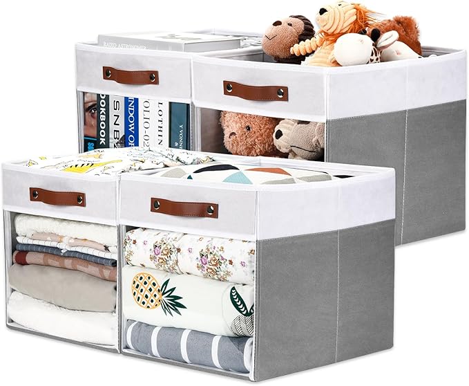 HNZIGE Fabric Cube Storage Bins - 4 Pack 13x15x13 Collapsible Storage Cubes for Organizing Shelves, Closet, Pantry - White, Gray-BubblyBeeBaby