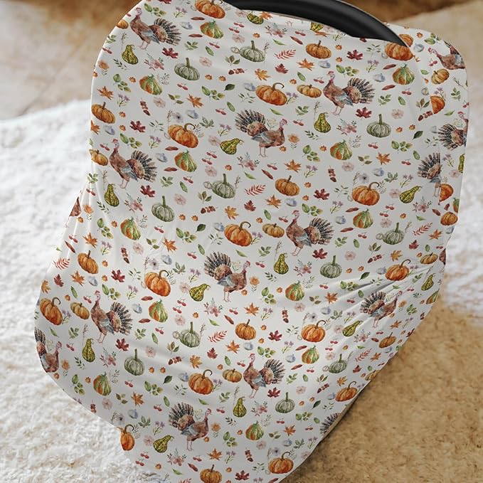 Thanksgiving Turkey Pumpkins Car Seat Covers Vintage Autumn Leaves Stretchy 5-in-1 Cover Adjustable Infant Carseat Cover Canopy Fall Harvest Breathable Nursing Cover-Up-BubblyBeeBaby