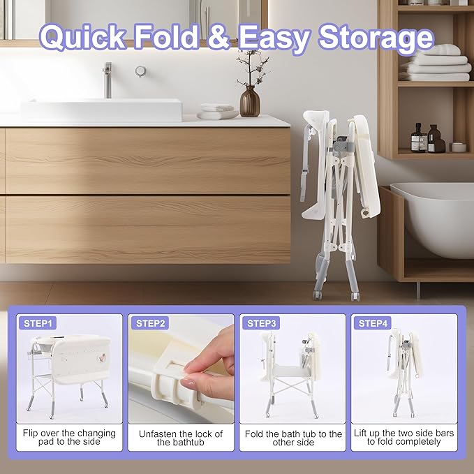 2-in-1 Baby Bathtub with Changing Table, Foldable Diaper Changing Station with 4 Wheels, Waterproof Pad, Storage Rack and Baby Bath Tub, Adjustable Height Portable Nursery Organizer for Newborn Infant-BubblyBeeBaby
