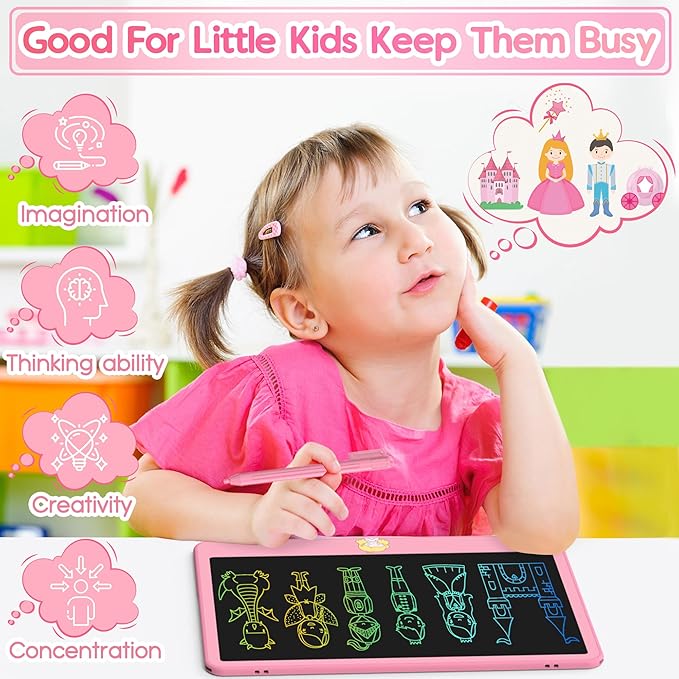 Hockvill LCD Writing Tablet for Kids 12 Inch, Toys for Boys Girls Drawing Pad for 3 4 5 6 7 Year Old Kids Toys, Toddler Erasable Doodle Board Travel Essentials, Children’s Day Gift for Kids - Pink-BubblyBeeBaby