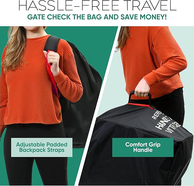 reperkid Medium Stroller Bag for Airplane Travel, Black & Red, 42" H x26 W x13 D, Fits Most Single Strollers Incl. Jogging & Standard Models – Premium Waterproof Cover, Adjustable Shoulder Straps-BubblyBeeBaby