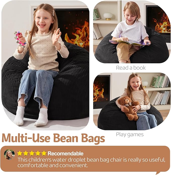 Homguava 2FT Bean Bag Chair,Teardrop Bean Bags Small Beanbag Chair with Memory Foam Filled and Ultra Soft Corduroy Cover for Living Room, Bedroom (Small,Black)-BubblyBeeBaby