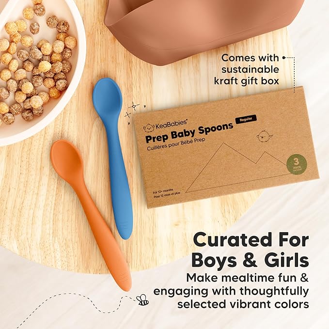 KeaBabies Silicone Baby Spoons, Self Feeding 6-12 months - 3-Pack Baby Weaning Eating Utensils, Toddler First Food Training Spoon, Infant, Kids Feeding Supplies Essential Set, Dishwasher-safe (Kea)-BubblyBeeBaby