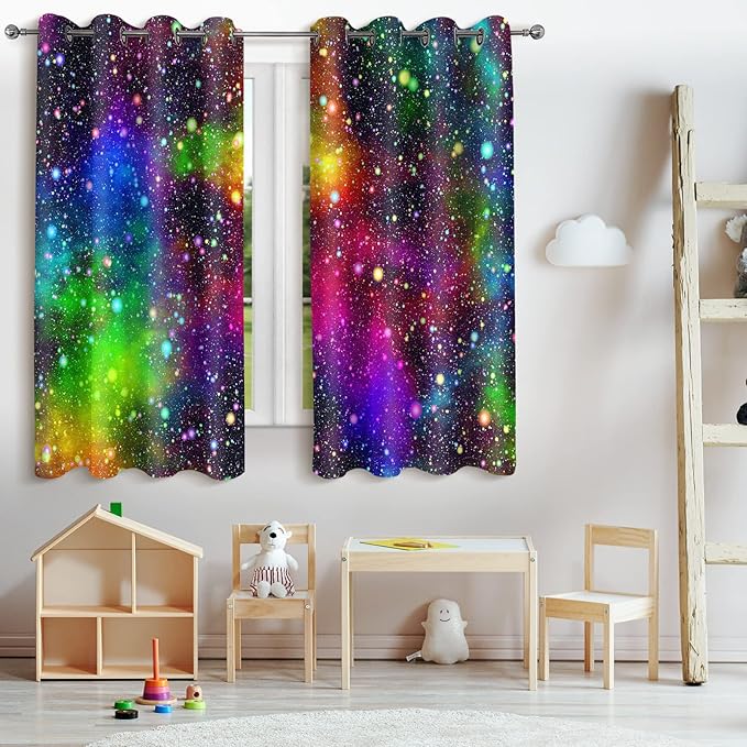 Jekeno Galaxy Blackout Curtains Kids Boys Girls Bedroom Outer Space Universe Nebula Starry Sky Colorful Stars Decor Decoration Grommet Window Drapes 2 Panel Set, 52"x84"-BubblyBeeBaby
