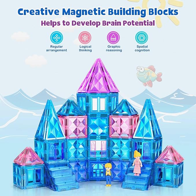 Ice Castle Magnetic Tiles-Sparkling Building Blocks, 3D Educational Toys for Kids, Construction STEM Toys for 3 4 5 6 7 8 Year Olds, Birthday Gift for Boys and Girls-BubblyBeeBaby