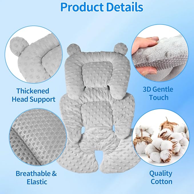 3in1 Baby CarSeat Head Support for Infant, Reversible Soft Infant Car Seat Insert Newborn Boy Girl, Breathable Cotton Head Body Support Pillow Cushion,Stroller,Swing,Bouncer,Baby Registry,Grey-BubblyBeeBaby