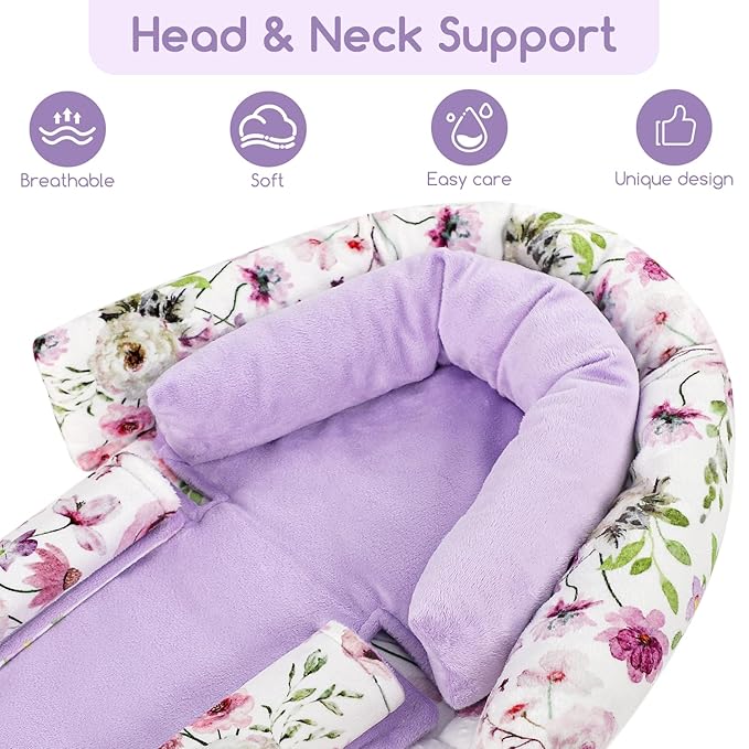 GFU Baby Car Seat Head Support for Newborn, 2 in 1 Infant Car Seat Head Body Support with Strap Pads, Soft Stroller Cushion Pillow Insert for Girls and Boys, Fits for Stroller, Swing, Purple Floral-BubblyBeeBaby