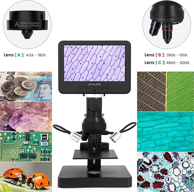 JL246P 3 Lens 7'' LCD Digital Microscope 1000X, Biological Microscope with Prepared Slides for Adults and Kids,12MP for Coin Microscope Full Coin View, 32G Card, Multiple Lights-BubblyBeeBaby