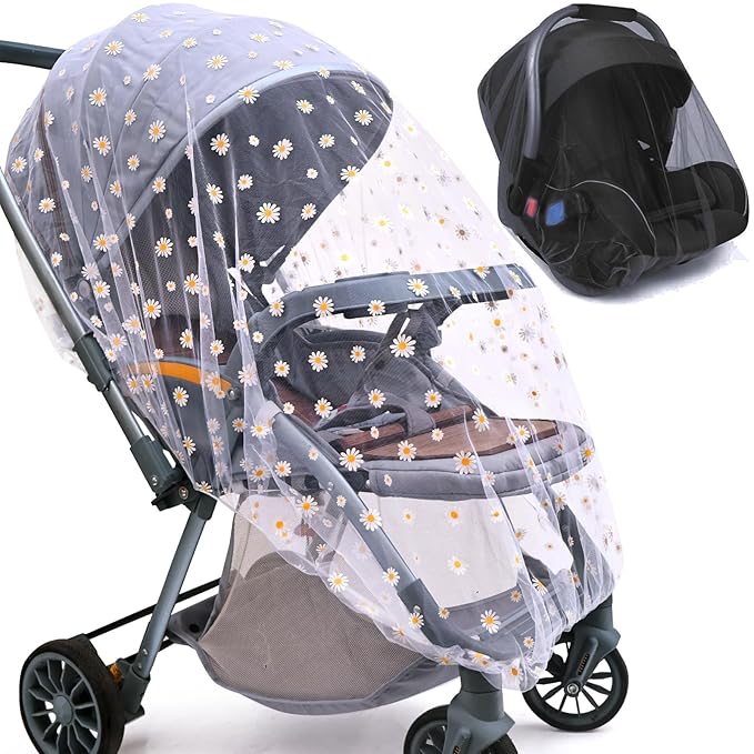 Baby Stroller Mosquito Net (2 Pack) - Durable Mesh Protection for Bassinets, Cradles, Playards, Pack N Plays & Portable Mini Cribs | Breathable Universal Fit Insect Barrier (Black + Daisy)-BubblyBeeBaby