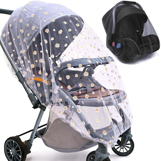 Baby Stroller Mosquito Net (2 Pack) - Durable Mesh Protection for Bassinets, Cradles, Playards, Pack N Plays & Portable Mini Cribs | Breathable Universal Fit Insect Barrier (Black + Daisy)-BubblyBeeBaby