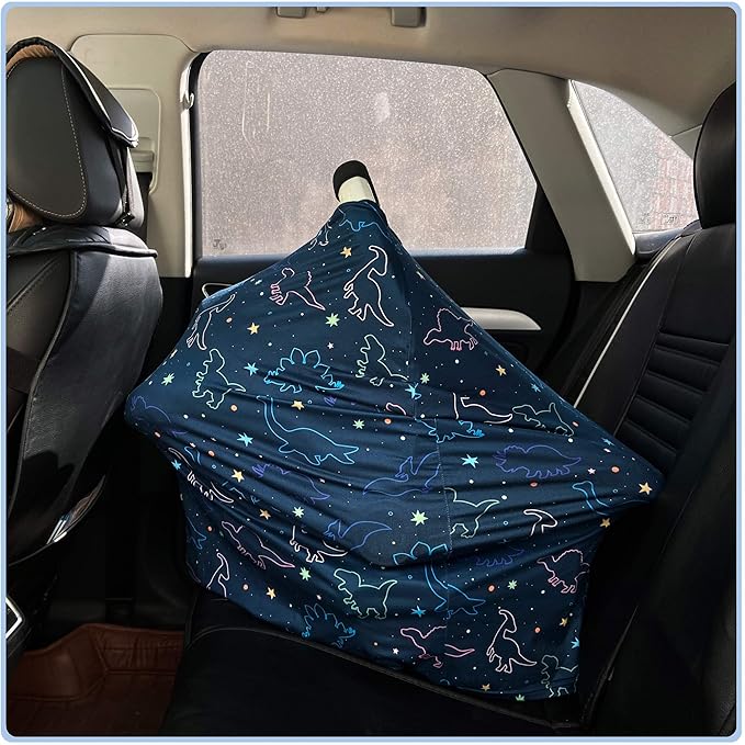 Car Seat Covers Canopy Cover - Multi-use Cover Carseat Canopy, Breathable Breastfeeding Cover, Car Seat Covers for Bbies, Boys & Girls Shower Gifts (Dark Blue Dinosaur)-BubblyBeeBaby
