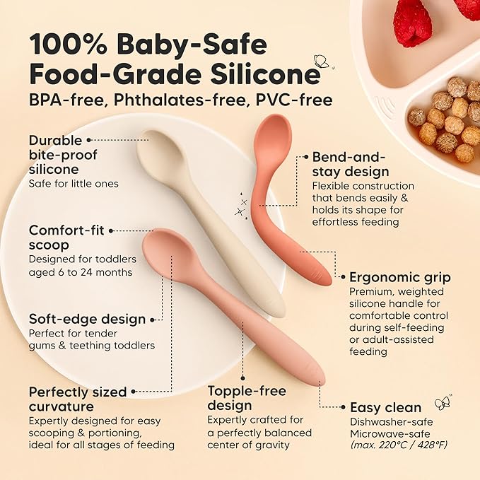 KeaBabies Silicone Baby Spoons, Self Feeding 6-12 months - 3-Pack Baby Weaning Eating Utensils, Toddler First Food Training Spoon, Infant, Kids Feeding Supplies Essential Set,Dishwasher-safe (Roseate)-BubblyBeeBaby