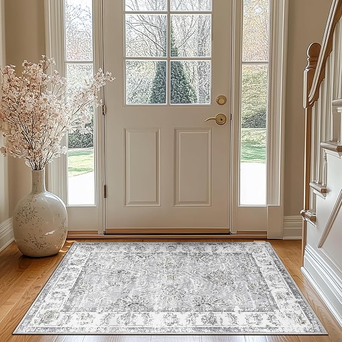 jinchan Floral 3x5 Area Rugs for Entryway - Machine Washable Taupe Vintage Distressed Design Doormat Non-Slip Ultra-Thin Low Pile Boho Rug for Kitchen Living Room Bedroom Farmhouse (3‘x5',Grey)-BubblyBeeBaby