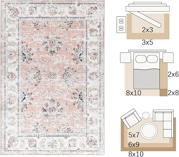 jinchan Vintage Floral 5x7 Area Rugs for Bedroom - Machine Washable Distressed Design Stain Resistant Boho Carpet Ultra-Thin Low Pile Non-Slip for Living Room Dining Room Kitchen (5‘x7',Pink)-BubblyBeeBaby