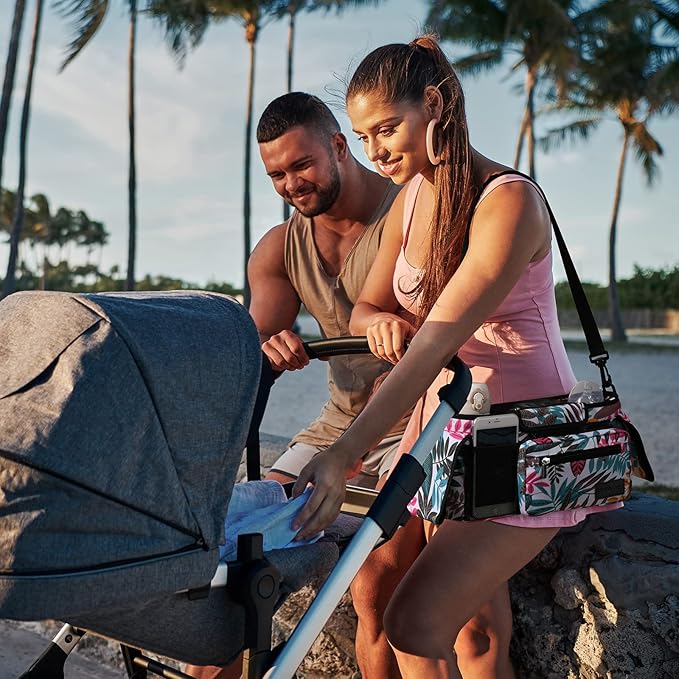 Momcozy Universal Stroller Organizer, 2 Insulated Cup Holders, Removable Zip Pocket, Adjustable Straps, Large Capacity Baby Essentials Compact Design, Fits Any Stroller (Multicolor)-BubblyBeeBaby