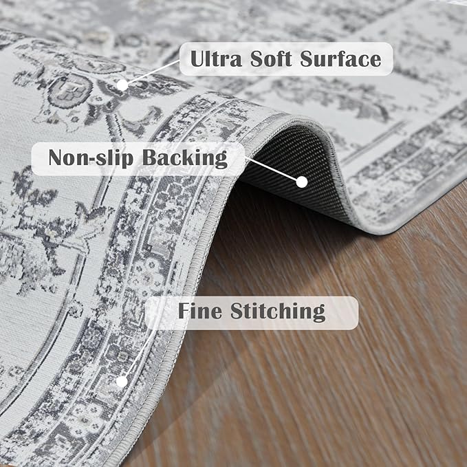 jinchan Runner Rug 3x10-2pcs Kitchen Washable Vintage Hallway Rug Floral Print Floor Cover Indoor Thin Retro Mat Accent for Bathroom Laundry Room Bedroom Office Farmhouse (Double,Grey)-BubblyBeeBaby