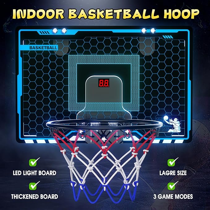 HopeRock Indoor Mini Basketball Hoop for Kids, Basketball Hoops Over The Door with LED Lighting, Mini Hoop with Scoreboard & 3 Balls, Basketball Toys Gifts for 5 6 7 8 9 10 11 12 Year Old Boys Girls-BubblyBeeBaby