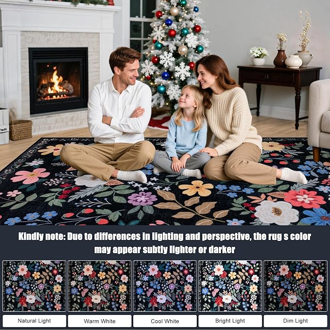 10x14 Area Rugs for Living Room: Floral Washable Rug Vintage Large Soft Boho Non-Slip Carpet Stain Resistant Low Pile Carpets for Bedroom Dining Room Farmhouse Nursery Hallway Home Office Black-BubblyBeeBaby