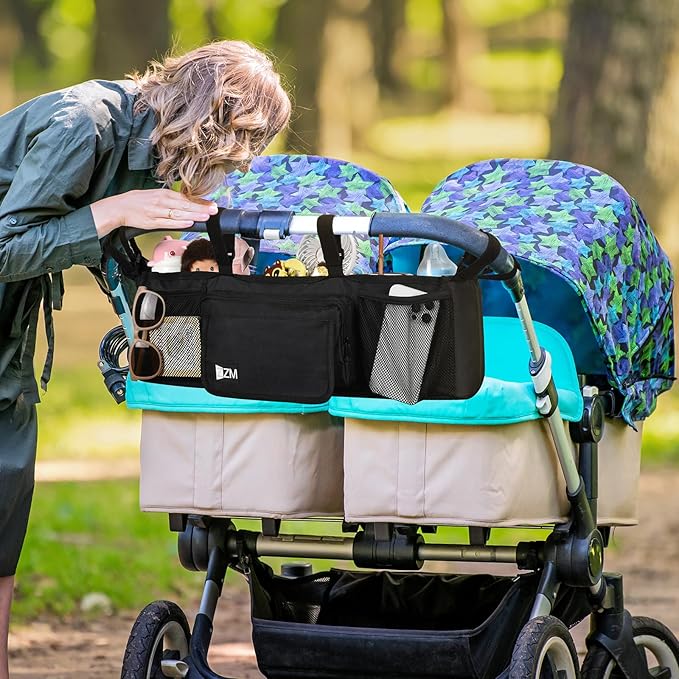 ZZM Double Stroller Organizer for Bob Duallie and Baby Jogger City Mini GT2, Double Baby Stroller Accessories with 2 Cooler Pockets, Parent Console Double Jogging Stroller Organizer(Empty Bag)-BubblyBeeBaby