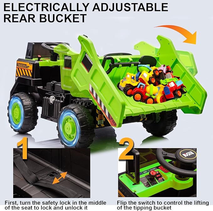 24V Ride On Dump Truck, 24inch-2 Seater Ride On Car for Kids w/Remote Control 4WD/2WD Up to 5 Mph, 24v Ride on Toys for Big Kids w/Electric Dump Bed Extra Shovel Traffic Cones (Green)-BubblyBeeBaby