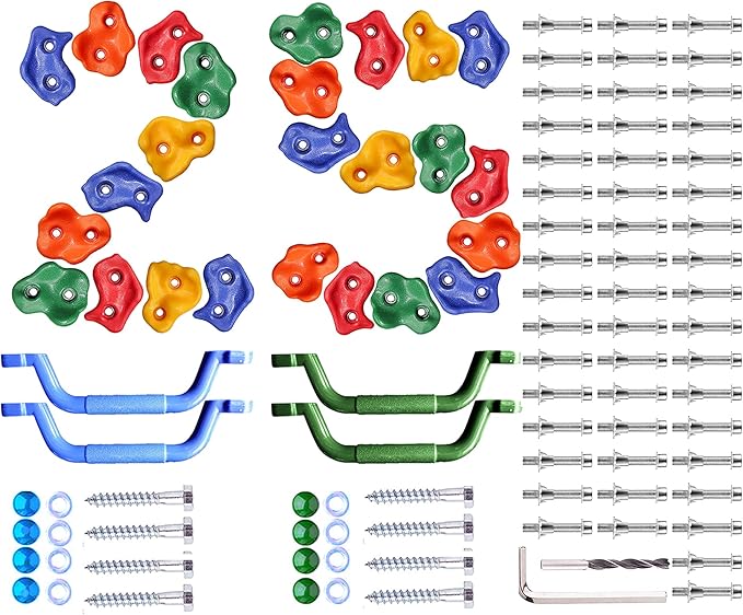 25 Pcs Colourful Pig Nose Shape Rock Climbing Holds with Blue & Green Auxiliary Handles, Indoor Outdoor Playground Wooden Play Set Build Exercise Toy Accessory - Mounting Hardware Kit Included-BubblyBeeBaby