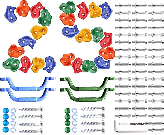 25 Pcs Colourful Pig Nose Shape Rock Climbing Holds with Blue & Green Auxiliary Handles, Indoor Outdoor Playground Wooden Play Set Build Exercise Toy Accessory - Mounting Hardware Kit Included-BubblyBeeBaby