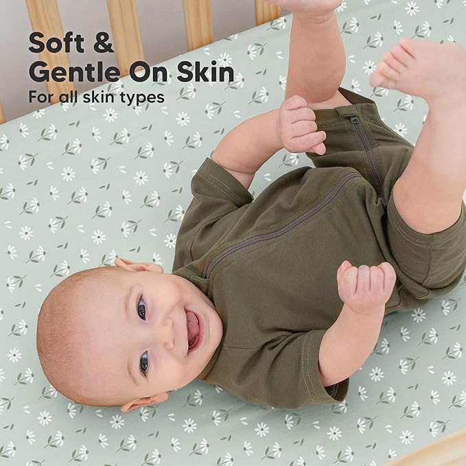 KeaBabies 2-Pack Organic Crib Sheets for Boys, Girls - 52x28 Fitted Crib Mattress Sheet Neutral, Breathable Jersey Cotton Cover for Baby Bed, Toddler Mattress, Soft & Cute Prints (Daisies)-BubblyBeeBaby