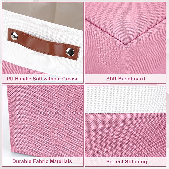 13x13 Cube Storage Bins, Collapsible Fabric Storage Box, 4 Pack Closet Baskets with Handles for Organizing, Shelf, Toys, Clothes, Home, Office, Nursery (Pink&White)-BubblyBeeBaby